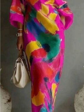 SHEIN Fuchsia Multicolor Brushstroke Maxi Dress